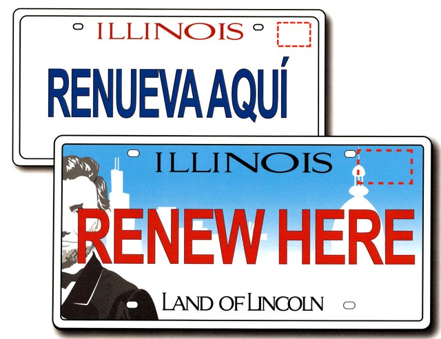 Illinois Renew Here license plate renewal sign